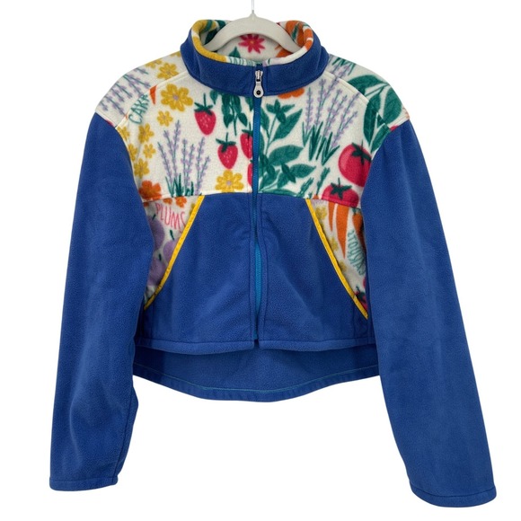 Jackets & Blazers - Upcycled Handmade Fruit Vegetable Fleece Zip Up Jacket Blue Crop Floral Print M